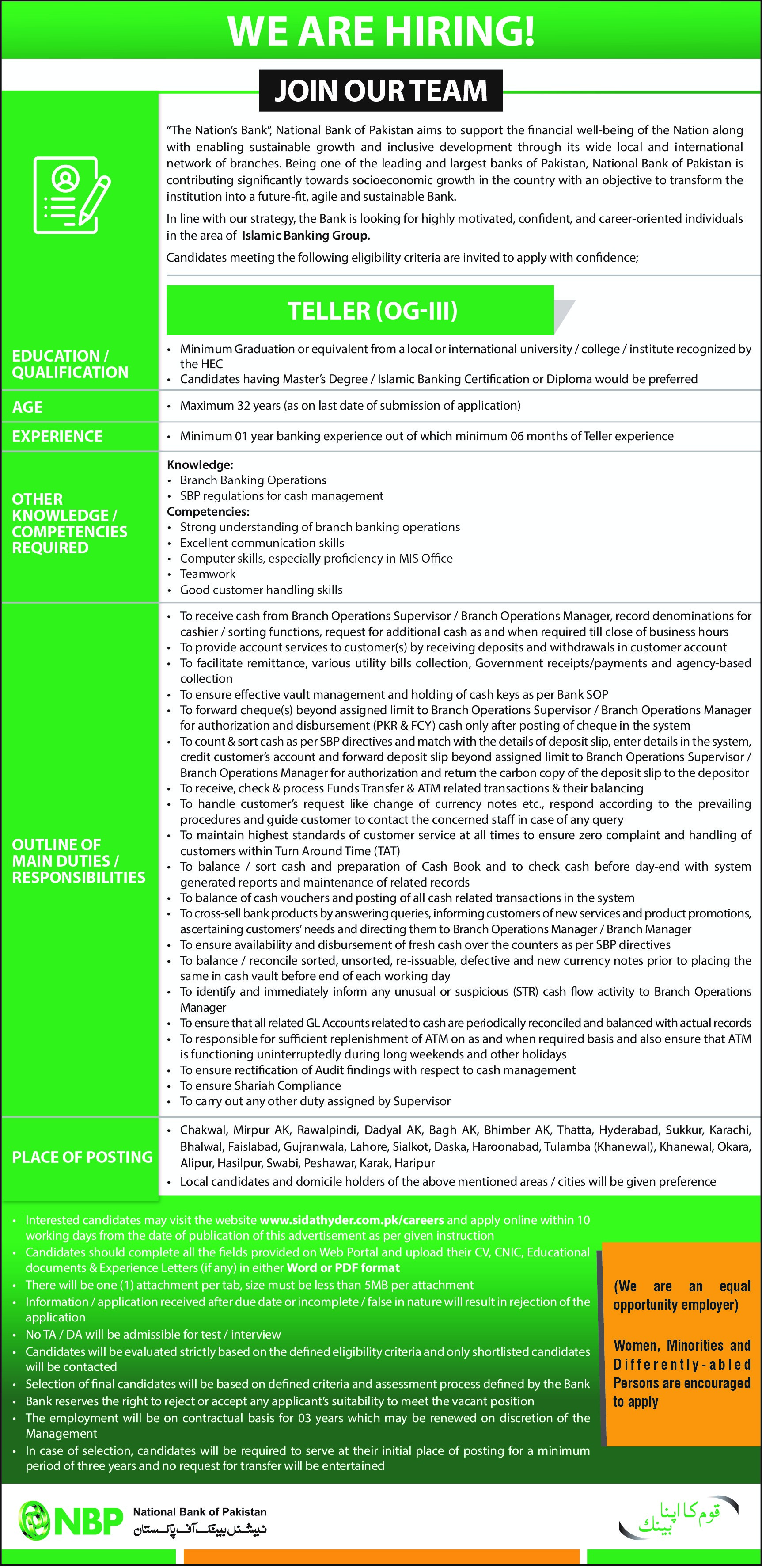 National Bank of Pakistan TELLER (OG-III) Latest Career Opportunities 2023